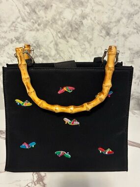 Black Bamboo-Handle Embroidered Women’s Handbag